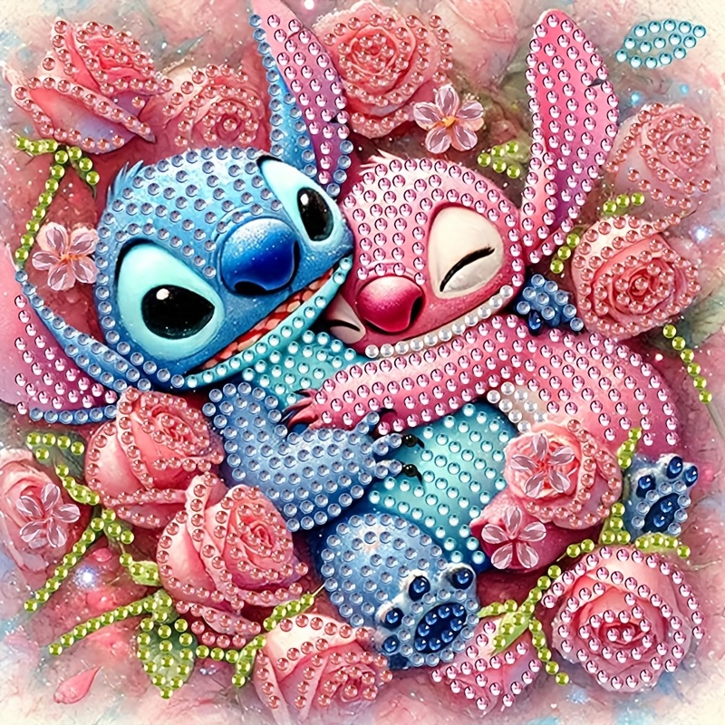 Image of Stitch And Love Floral Diamond Painting Kit - 5d Craft, Canvas With Special Shaped Crystals And Rhinestones, Frameless Home Wall Decor, Perfect For Sparkle And Charm, Halloween, Christmas, Gift