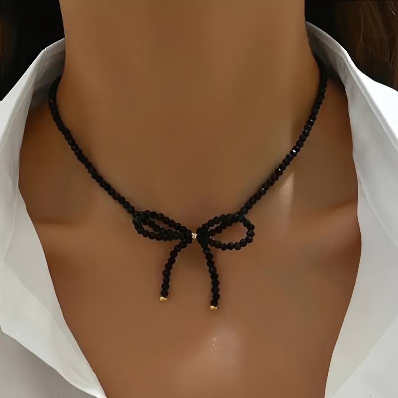 Bohemian Style Black Glass Bead Bow Necklace For Women Choker