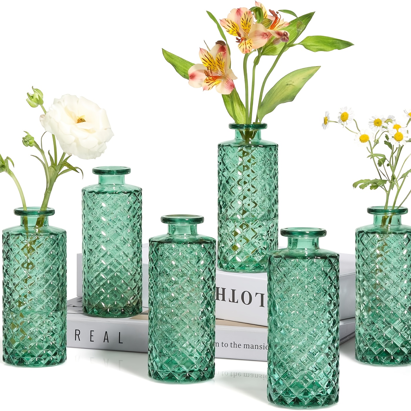 E-shop Glas-Blütenvasen Set aus 6 Stück, Kleine Diamant-Blumenvasen im Großhandel, Mini-Vasen für Tischdekoration, Vintage Flaschen für Hochzeitsdeko,