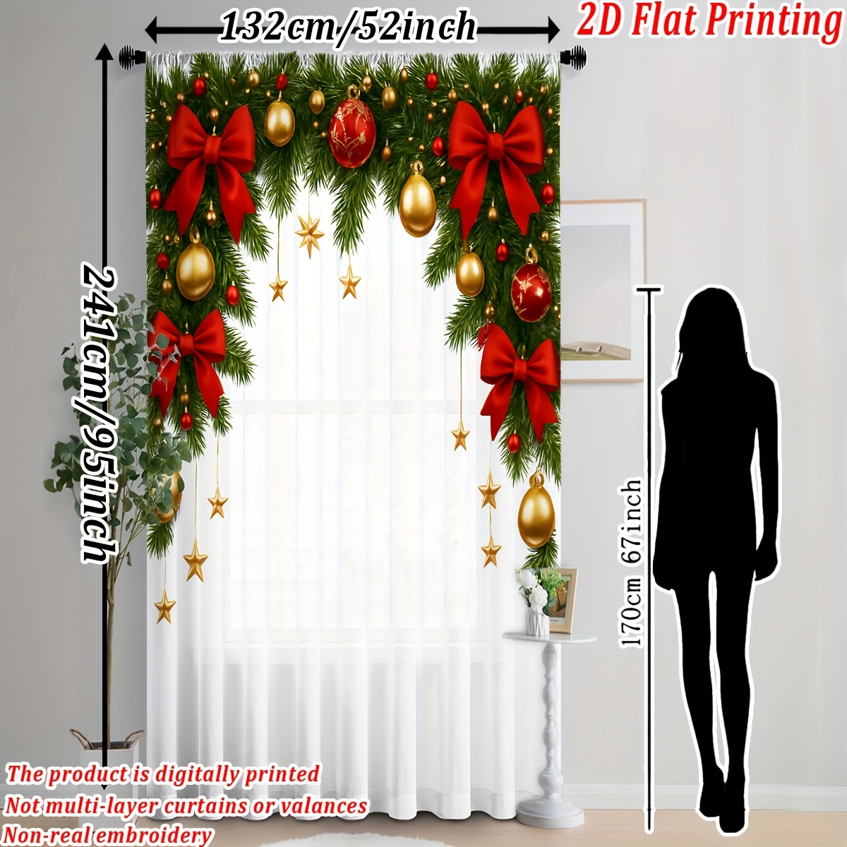 TEMU Impression 2D Plate - Impression 2D Plate - Impression 2D Plate, Lot de 1, Rideau Transparent Transparent avec sur le thème de Noël comprenant