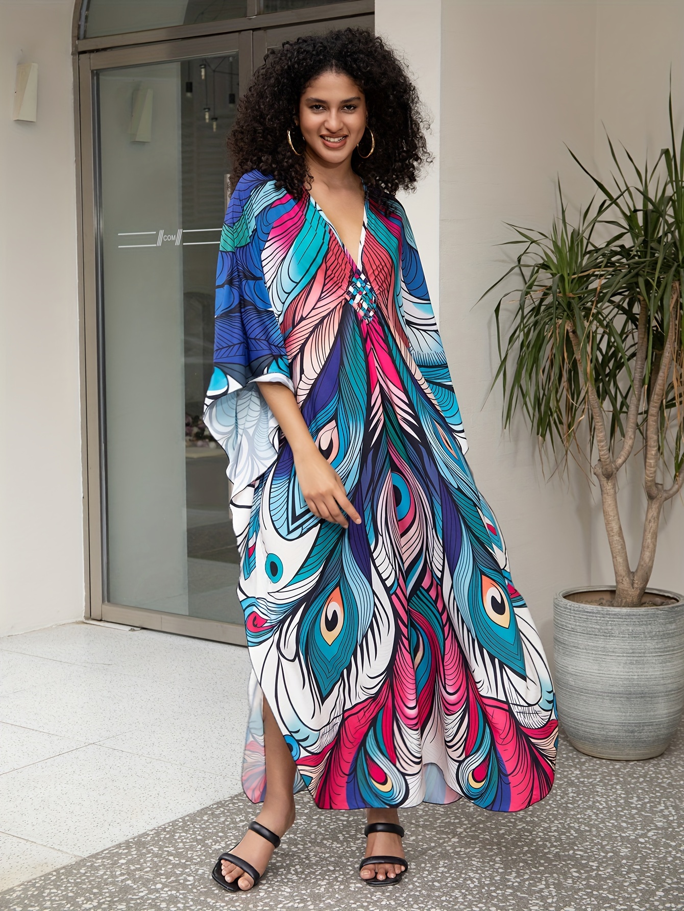 Womens Lightweight Ethnic Kaftan Dress Geometric Floral