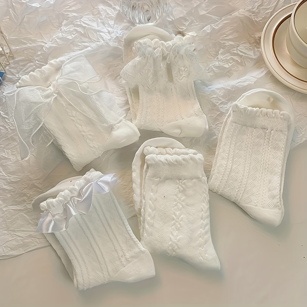 

5-pack White Lace Bow Socks - Polyester & Spandex , Knit Fabric, Solid Color, Short Tube Socks, Japanese , Sweet Jk Streetwear Hosiery, Machine Washable