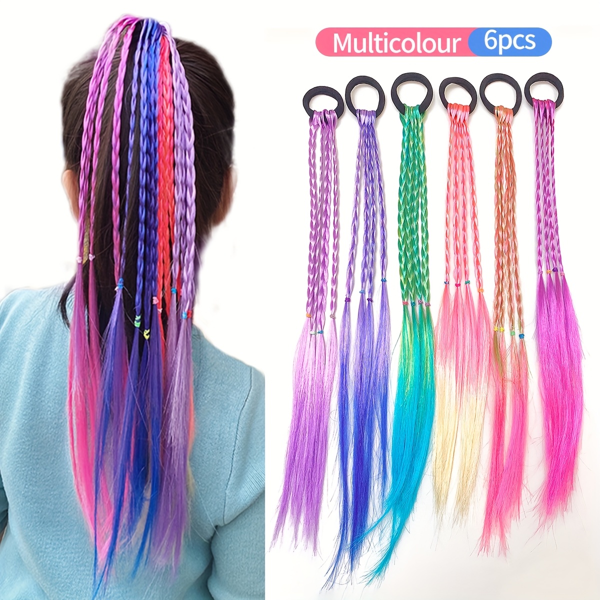 TEMU 6pcs Hair Accessories Set: Colorful Wig Braids, Hair Ties, Sweet Headpieces - Halloween And Christmas Gift For