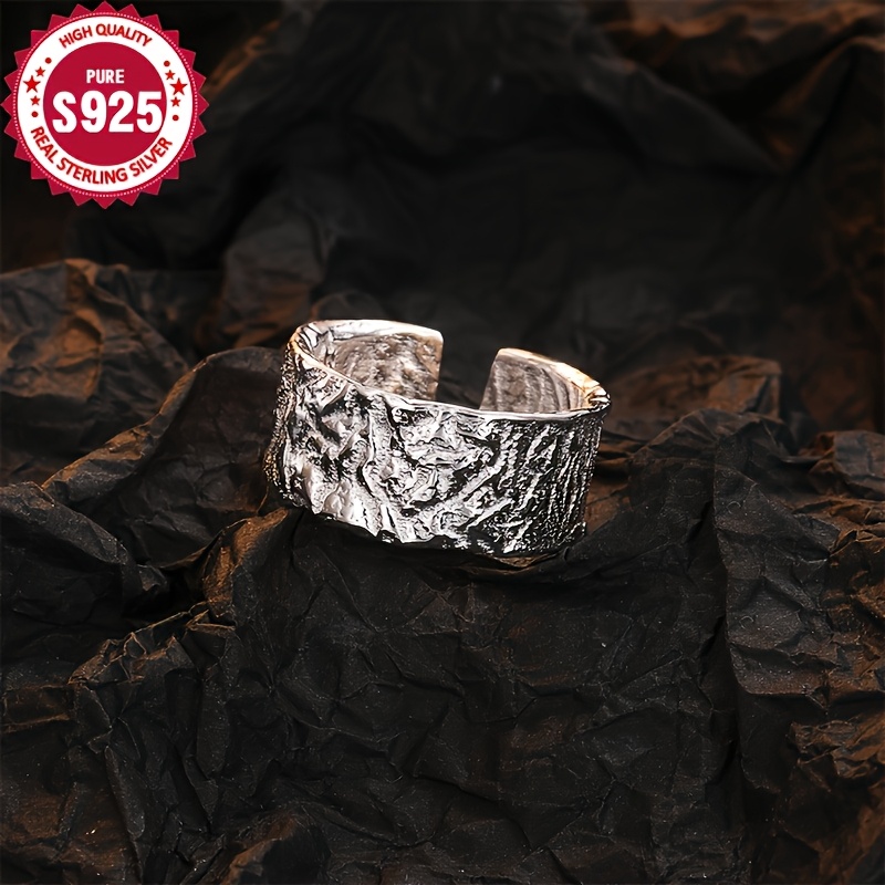 Low Allergy Silvery Textured Wide Band Ring with Tree Pattern Open Ring