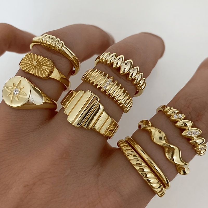 TEMU 10 piezas Colección de anillos para mujer - Anillos geométricos con incrustaciones de pedrería de estrella, adecuados para uso diario, fiestas,