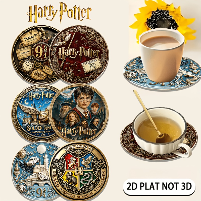 TEMU Wb Harry Potter Hogwarts Themed Coaster Set Suitable For Heat-resistant Wood With Platform 9¾, Golden , 4 Hogwarts House Crests & Castle