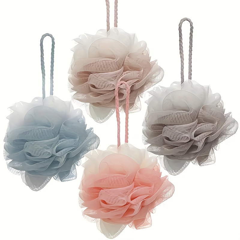 TEMU 4pièces Billes de bain en loofah mélangees, design floral 3D, éponges à bain exfoliants doux, poignée antidérapante, remplacement sur 30 jours,