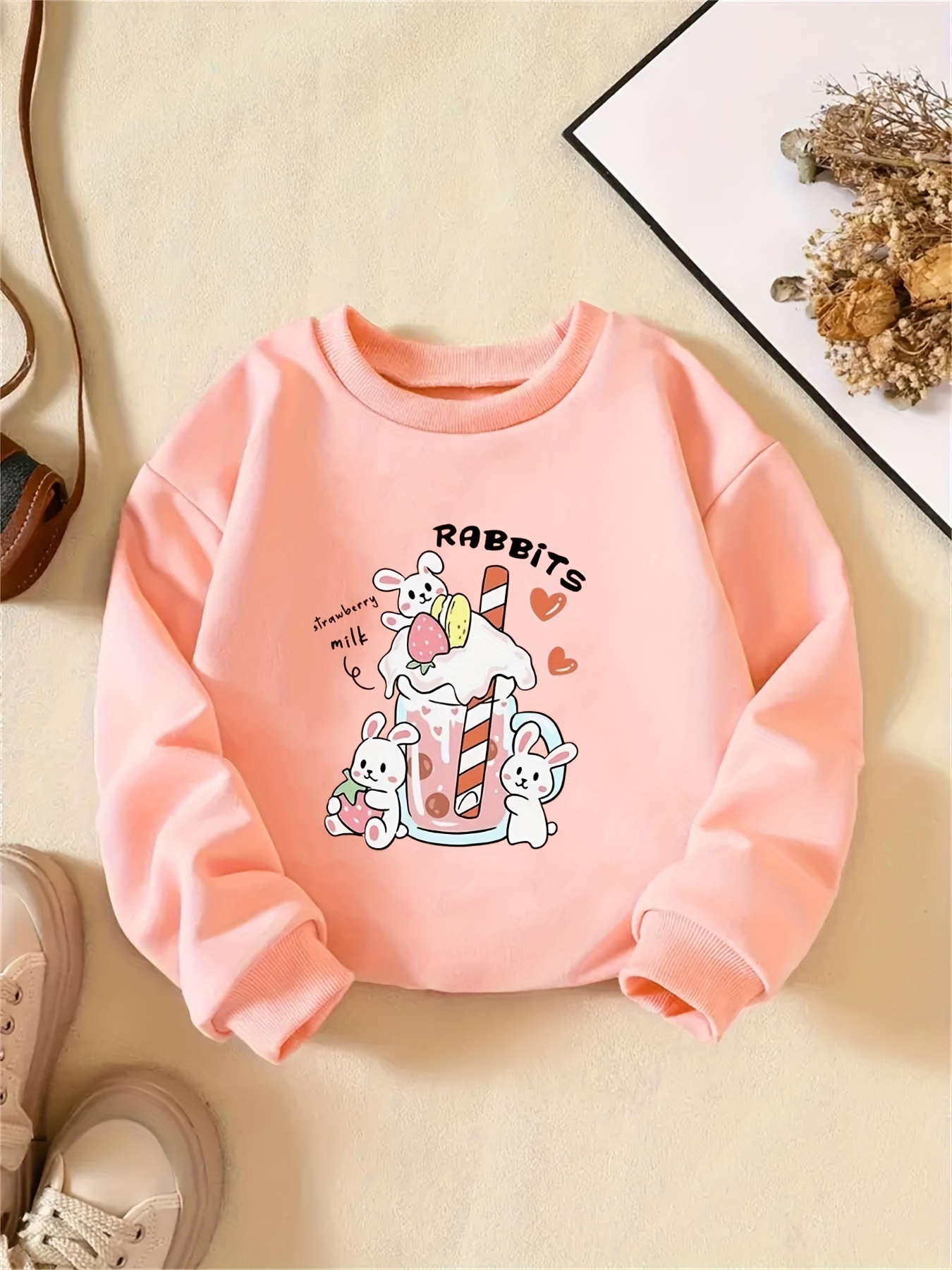 adorable girls' strawberry milk bunny graphic sweatshirt cozy