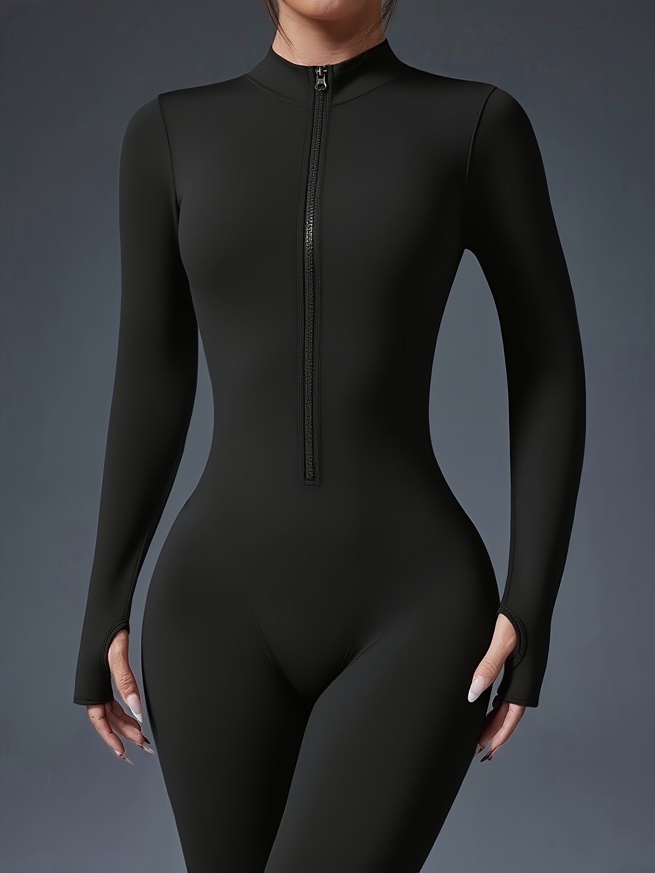 women plain front zipper long sleeve   fit swear jumpsuit