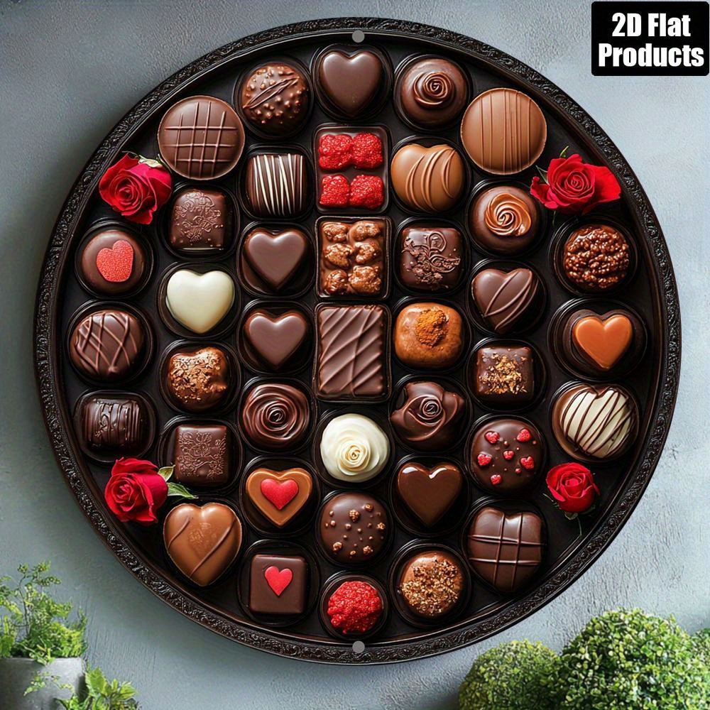 TEMU 2d Flat, 2d Flat - A Round Metal Decorative Plaque Featuring A Valentine's Day Theme With Chocolates And Roses, Suitable For Home Decor, Bars,