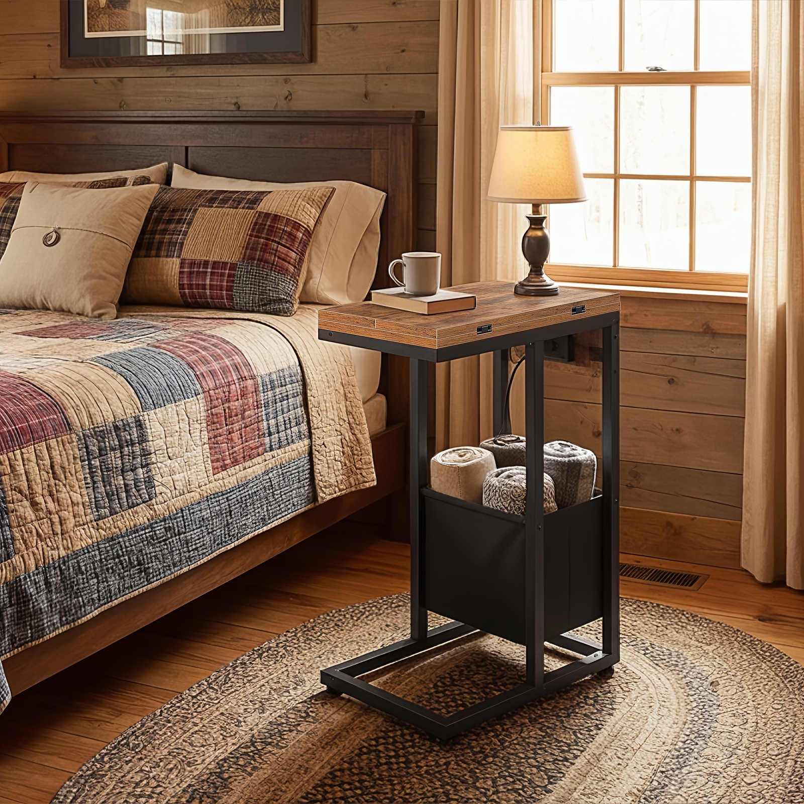 Rustic Brown Foldable C-Shaped Side Table with Charging Station