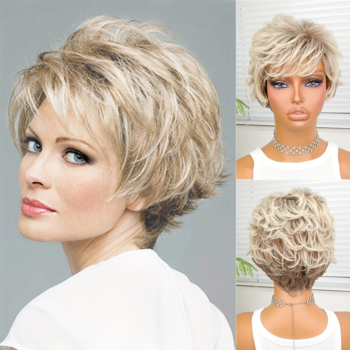 

Chic 10-inch Blonde Curly Wig With Bangs - Heat Resistant Synthetic Fiber, For & Party Wear