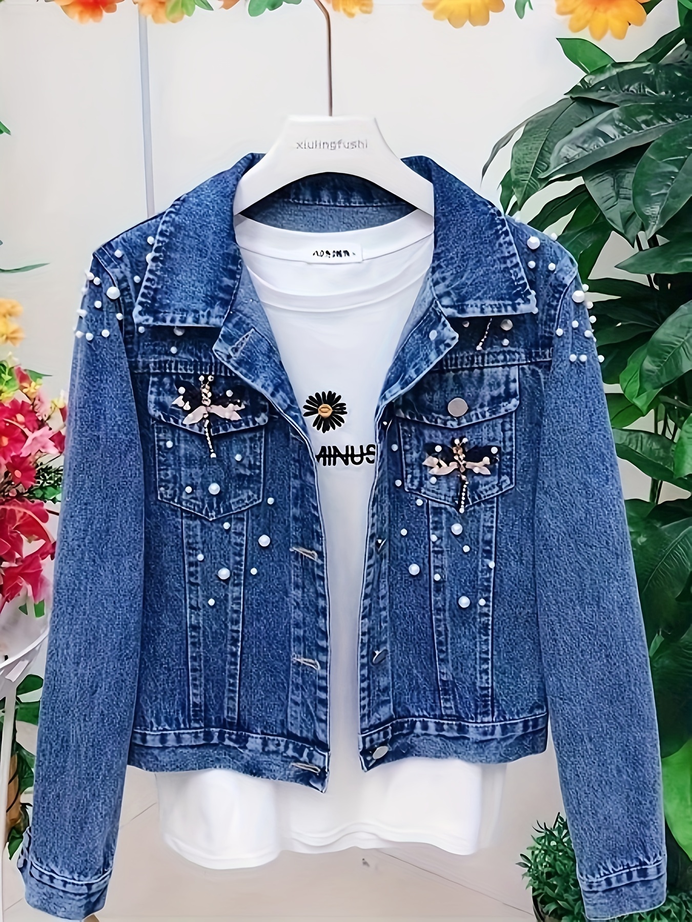 Women's Trendy Dragonfly Pearl Embellished Denim Jacket Cropped Style,  Long Sleeve, Button-* Streetwear Fashion for Spring/Fall