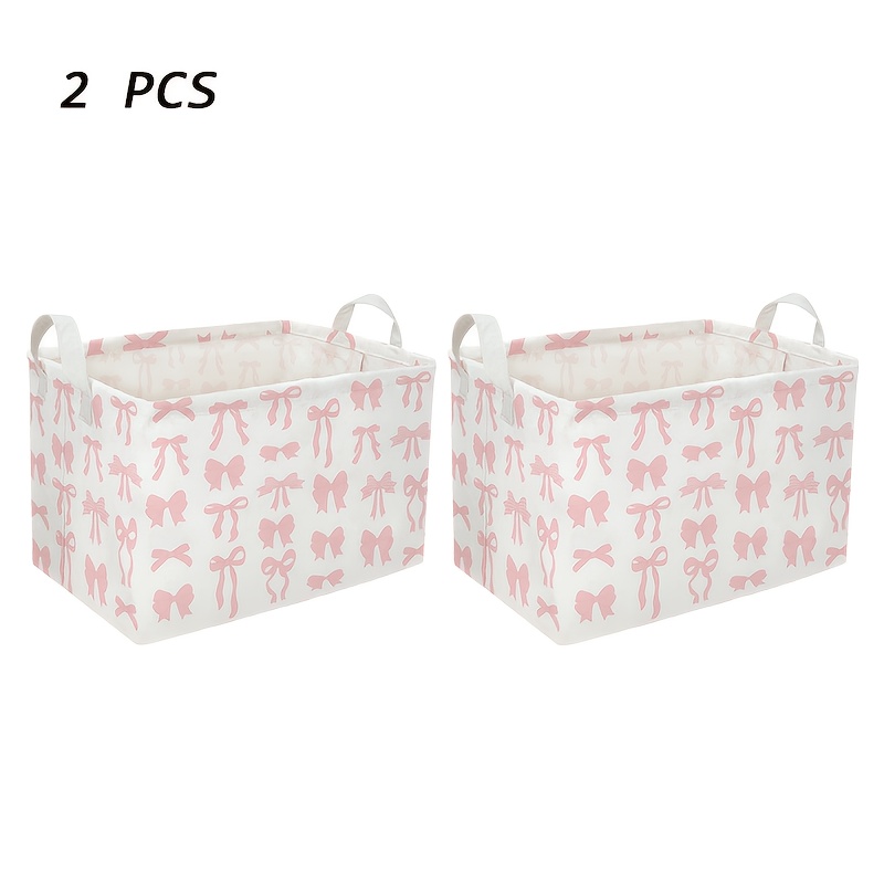 TEMU 2 Pack Foldable Storage Bins With Handles, Rectangle Pink Bow Coquette Room Decor Collapsible Shelf Organizer Baskets, Aesthetic Storage
