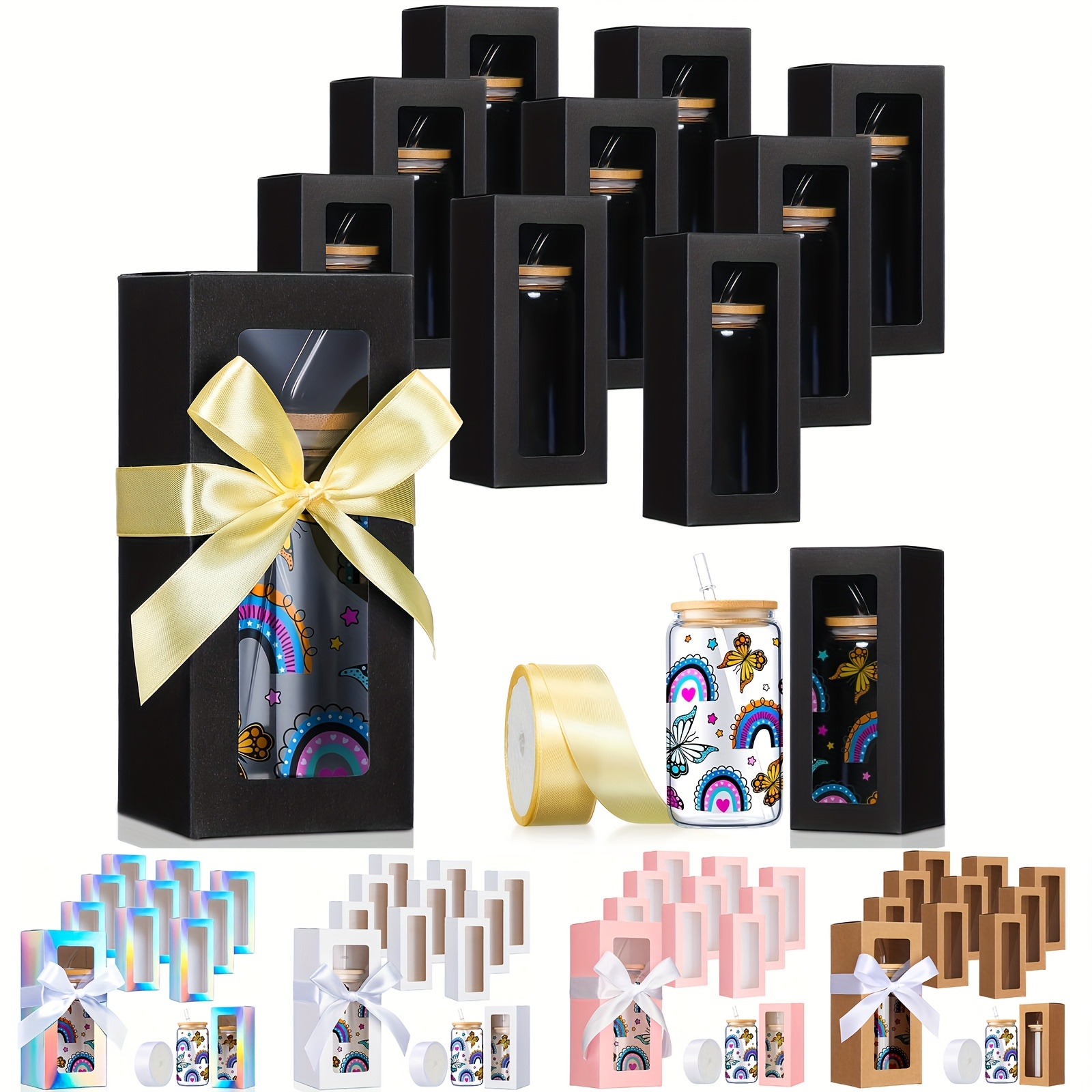 

10pcs Sublimation Glass Gift Boxes With Display Window And Ribbon, Elegant Paper Boxes, Fits 12oz, 16oz, 20oz Drinking Glasses & Jars, With No Electricity Needed For Wedding & Birthday Party Supplies