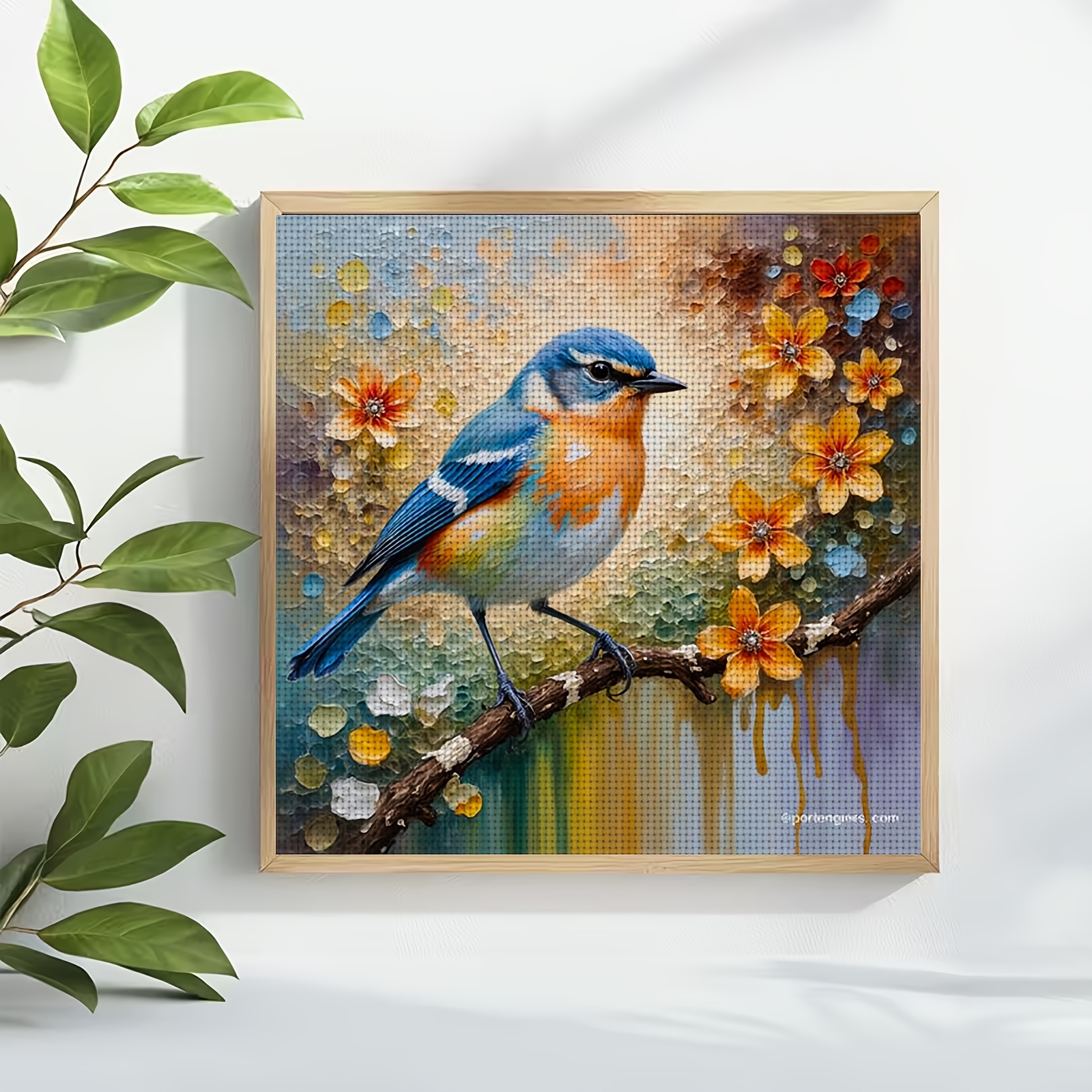 Cross Stitch Kit, Colorful Bird on Branch with Flowers Design