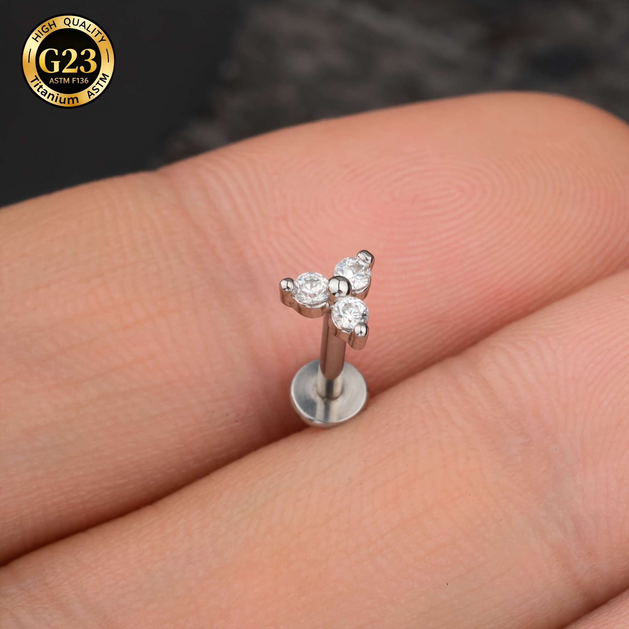 TEMU 1pc Fashionable Minimalist G23 Titanium Alloy Claw Synthetic Zirconia Internal Thread Lip Stud With 3 Synthetic Synthetic Zirconia Internal