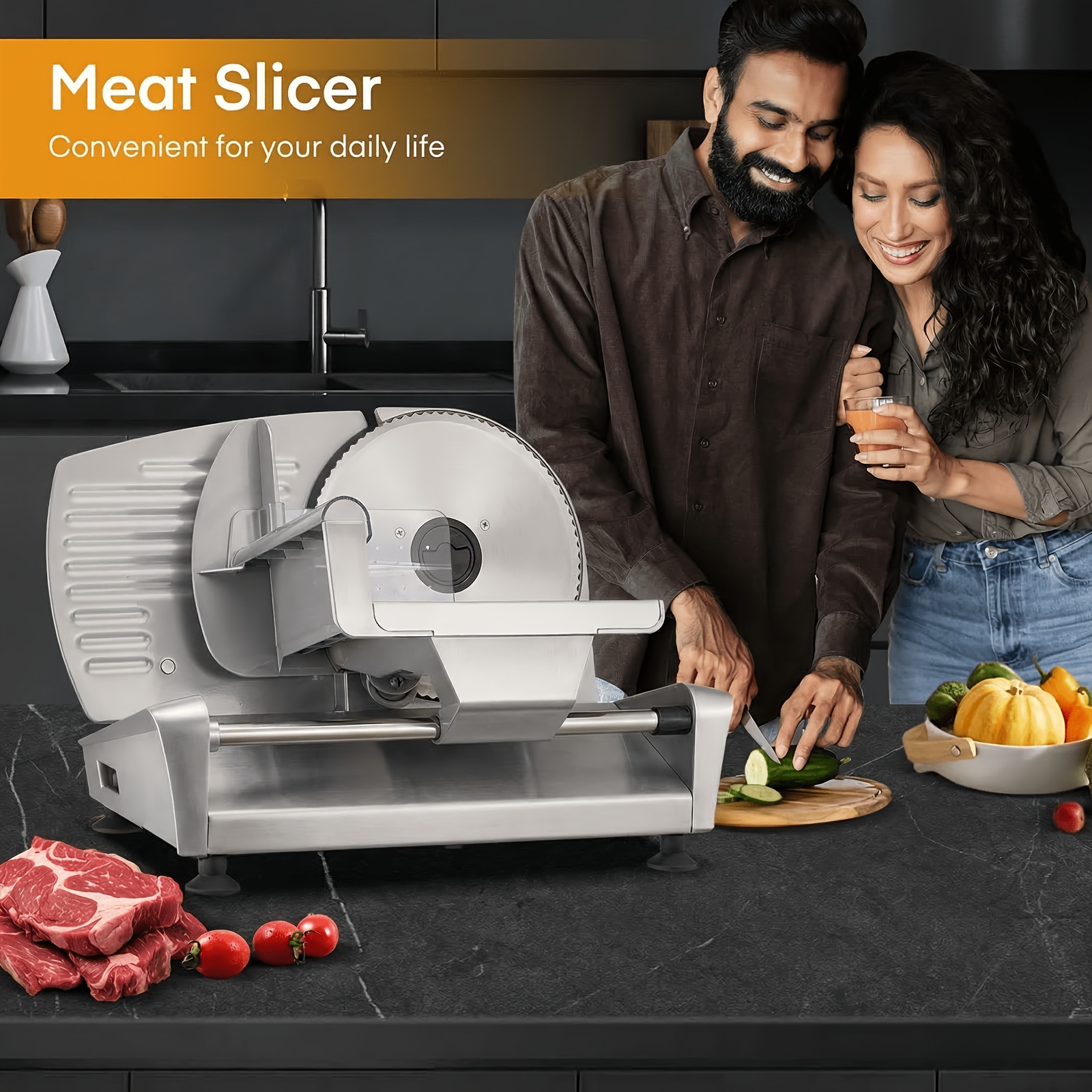 TEMU 250w Electric Food Slicer For Home, Stainless Steel Meat Cutter With 3 & 0-15mm Adjustable Thickness - Perfect For Meat, Bread, Cheese, Fruit &