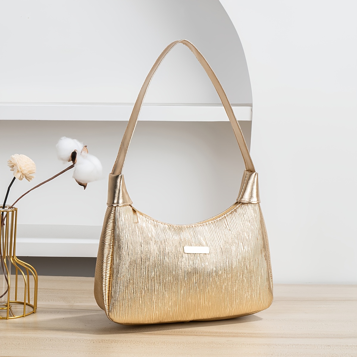 TEMU Women's Underarm Bag, Golden Handbag, Fashionable Golden And Convenient Shoulder Bag, Crossbody Bag, Luxurious Style Champagne-colored Women'