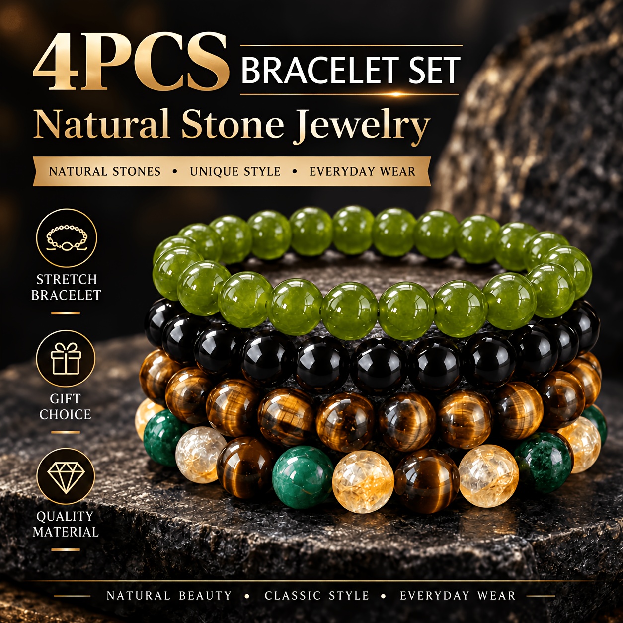 TEMU 4pcs Tiger Eye, Obsidian & Green Wealth Bracelet Set - Designed To Wealth, Protection And Good Luckminimalist Stylefor Everyday Weartiger Eye