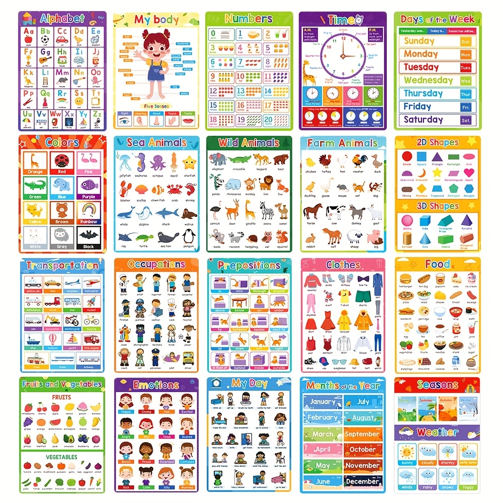 19pcs Educational Learning Charts Set for Classroom Decorations & Teaching Aids