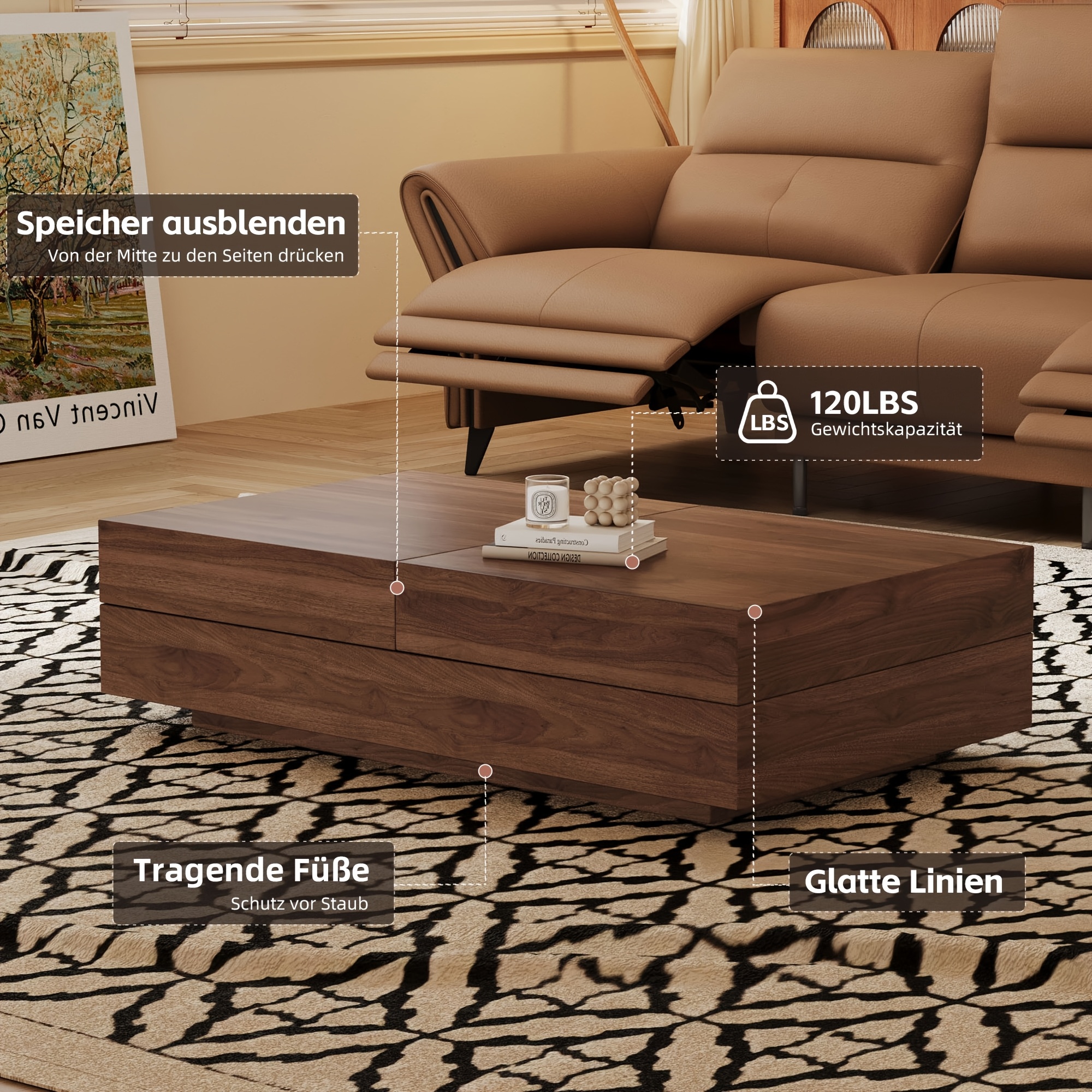 Expandable Coffee Table From Luck Idea Furniture, Showcasing In Walnut Color, For Living Room, Rectangular Design, Into A Sofa Side Table , Ranging From 120 To 208 Centimeters.
