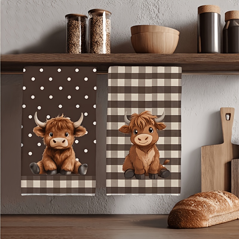 TEMU 2pcs Set Of Kitchen Towels, Checkered Polka Dot Pattern, Scottish Highland Cow Print, 40x60cm, Retro Country Towels, Used As Dishcloths,