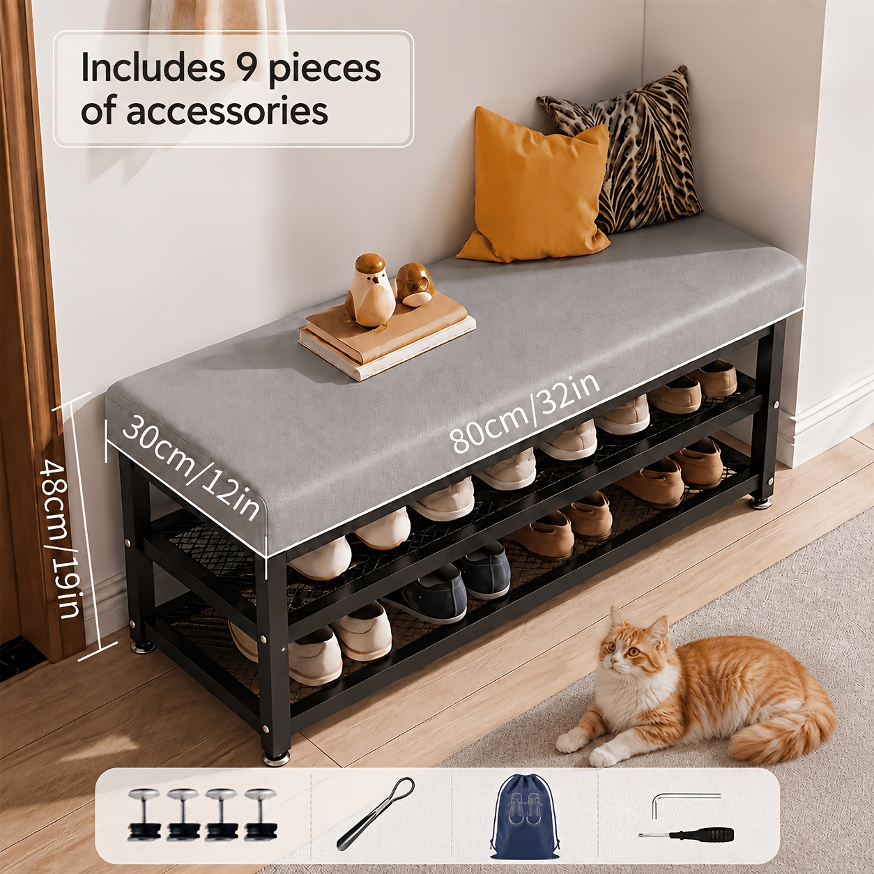 TEMU 47.24/39.37//23.62inch Cushioned Shoe Storage Stool, Modern Entryway Shoe Changing Bench, Double-layer Shoe Sorting Organizer, Sturdy Metal