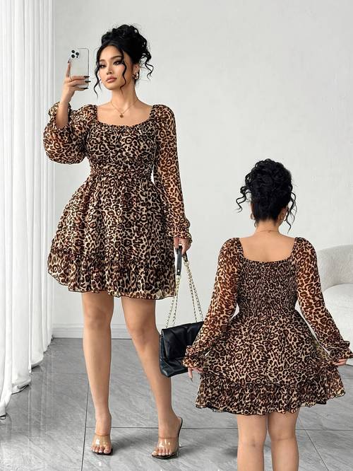 item picture plus size summer plus size womens leopard print dress square neck waist cinching long sleeve short length casual elegant dress retro style print dress suitable for daily wear casual matching date occasions