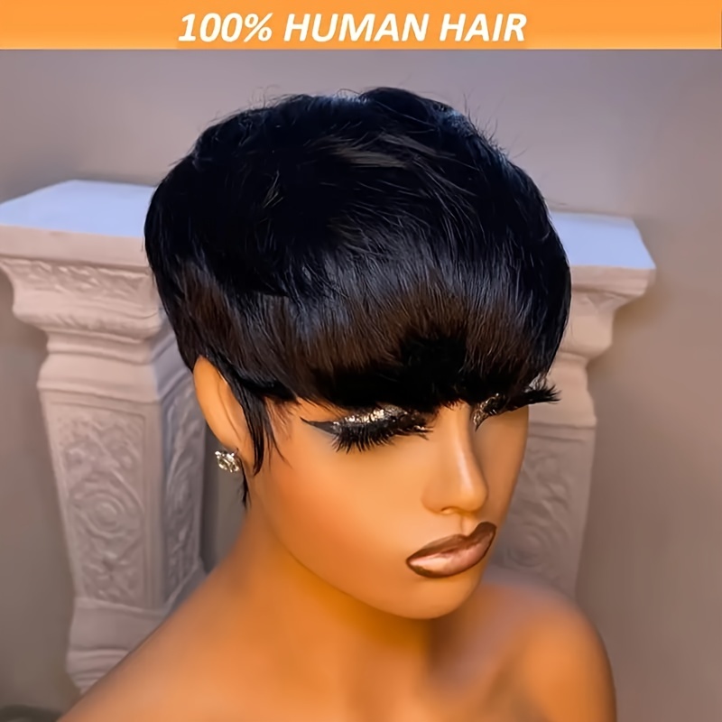 

Hair Cut Wig For Women, Glueless Short Bob With Bangs, Layered Brazilian Remy, Full Machine Made, Rose Cap, 180% Density, Straight Hair, Unisex Style