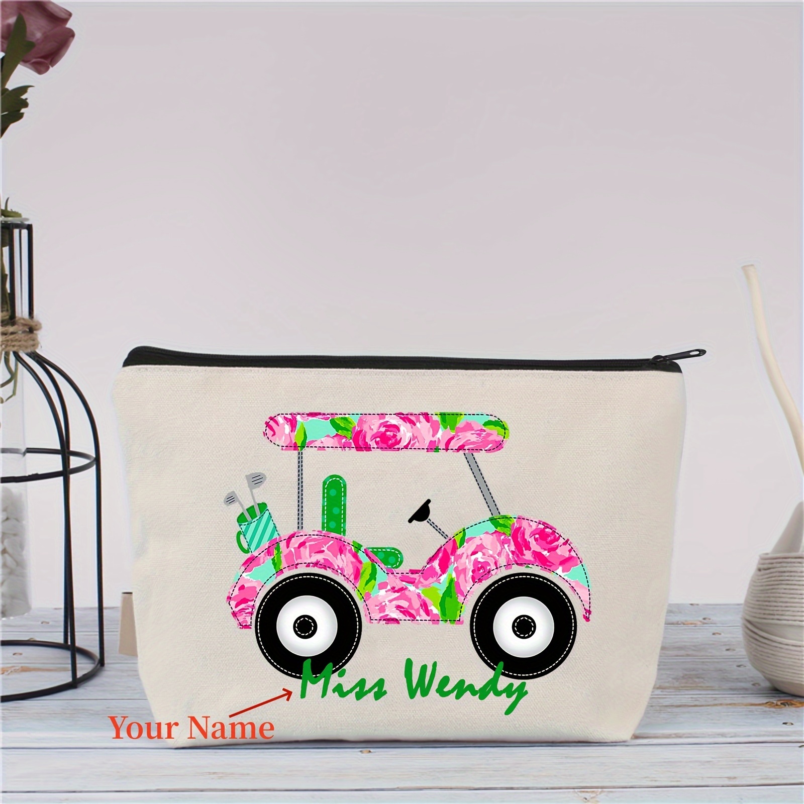 

Personalized Women's Golf Cart Makeup Bag With - Custom Name Canvas Cosmetic Pouch, Lightweight & Foldable, White