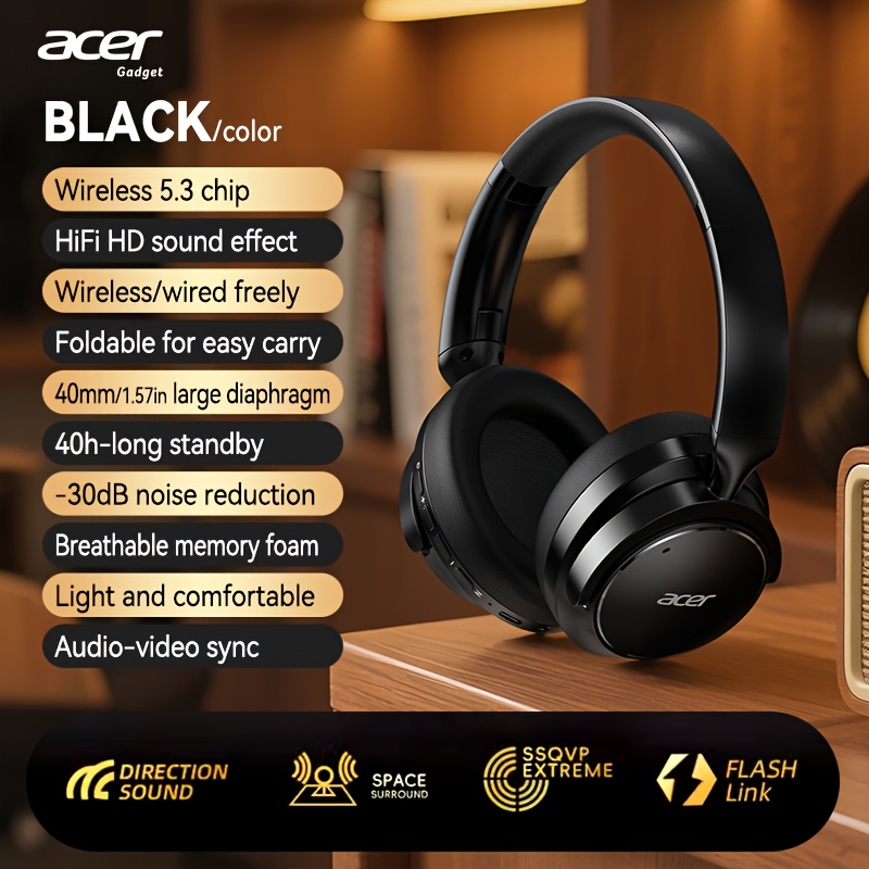 Image of Acer New Wireless Over-ear Headphones With Bt 5.4, Sound, Extended Battery, Active Noise Cancellation. Compatible With Tablets, Smartphones And Pcs. Ideal For Sports, Running, Workouts And Gaming.