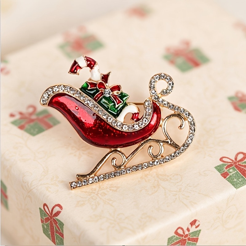 TEMU Christmas Crystal Sleigh Brooch, Hollow Metal Rhinestone Sleigh Women's Bag Packaging Ornament Pin