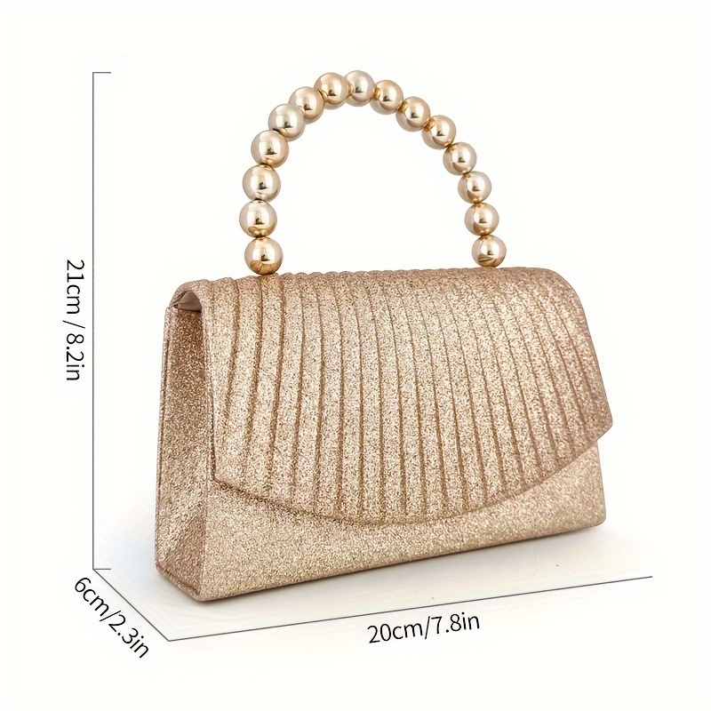 TEMU New Glitter Evening Bag, Pearl String Handbag, Dress Evening Bag, Elegant Pleated Flap Bag, Small Square Bag