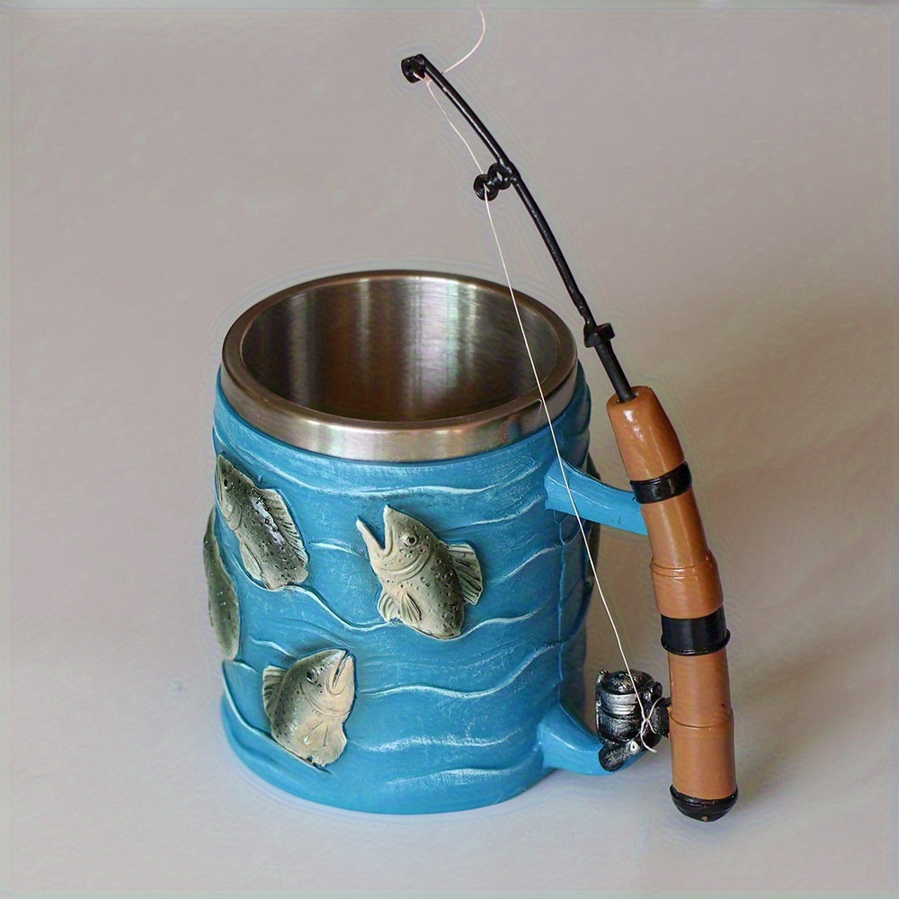 Image of 1pc Fishing-themed Mug - Fish Rod Design Beer & Coffee Cup, 304 Stainless Reusable Cup With Fishing Rod Shape For , Ideal For, Camping, Or As A Gift For Fishing Enthusiasts (hand Wash Only)