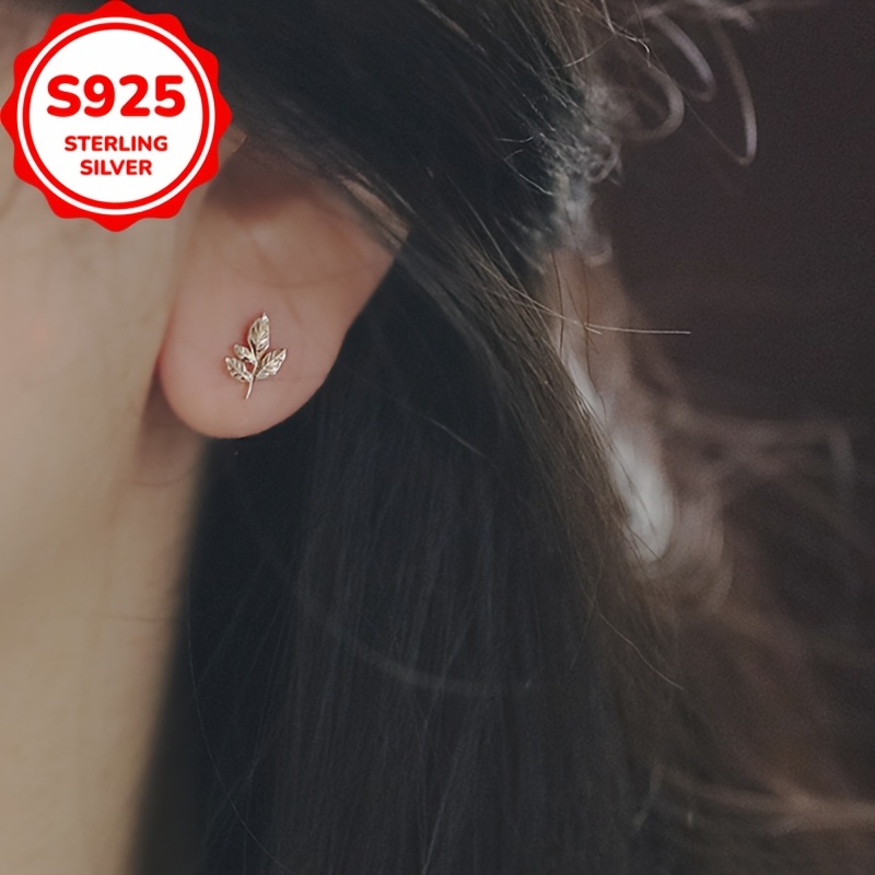Women's S925 Silvery Mini Maple Leaf Earrings, Hypoallergenic