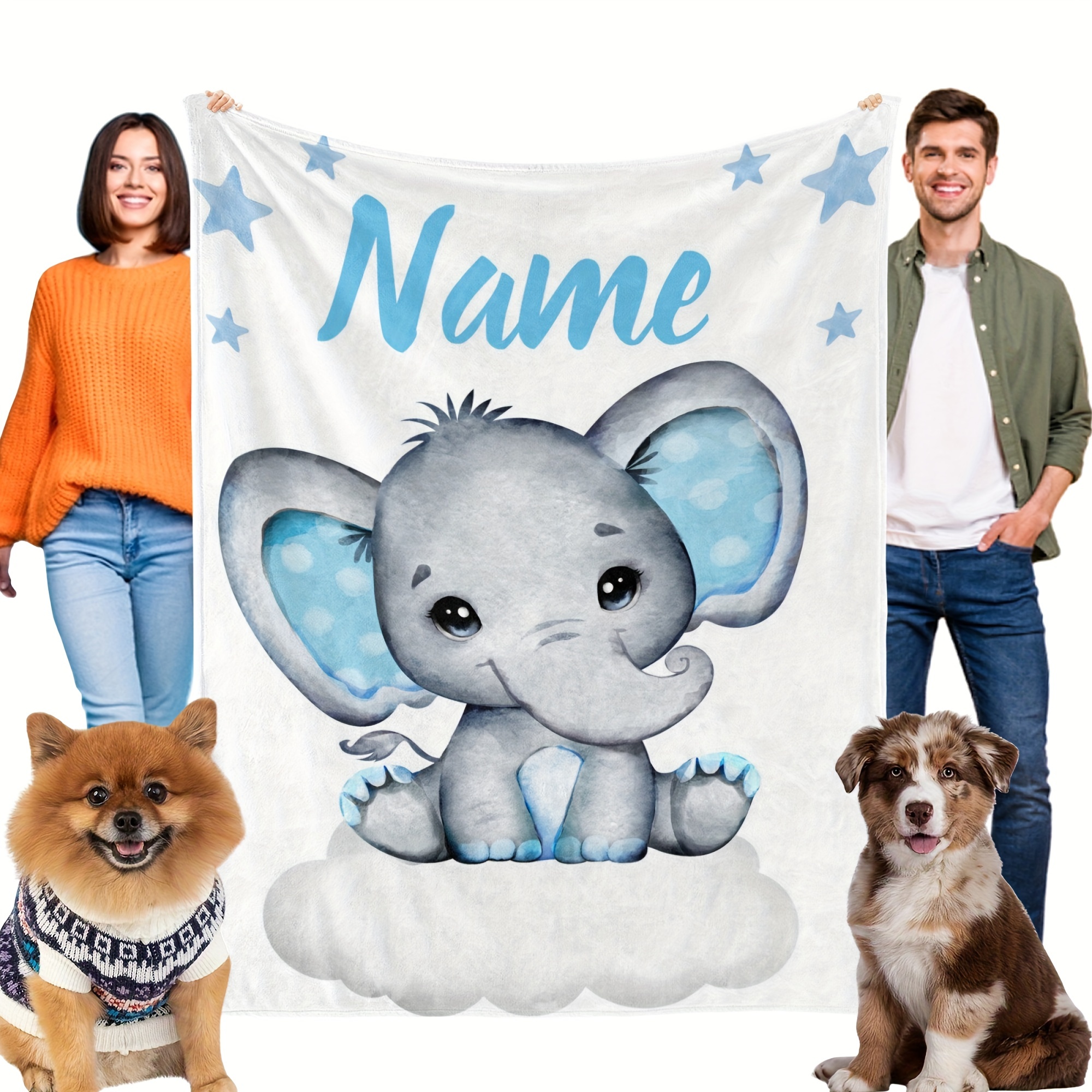 

Personalized Pet Flannel Blanket For Bed Cage Couch, Soft Dog Throw Blanket With Name, Cartoon Elephant Pattern Custom Dog Name Blanket, Warm Cushion Mat Sleeping Blanket