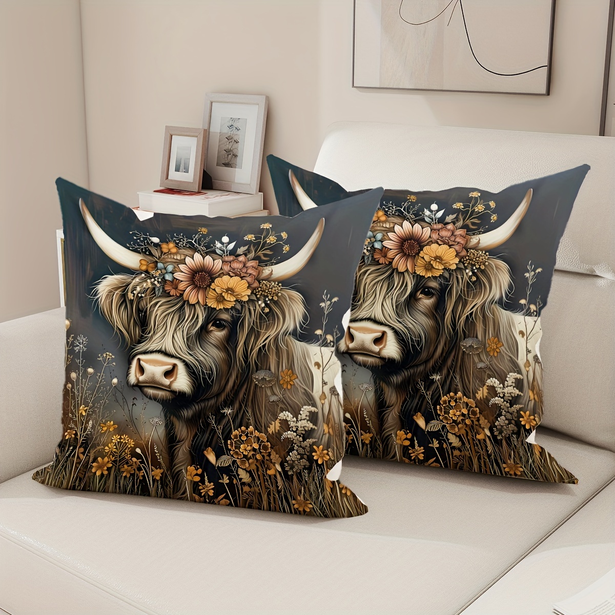 

2-piece Farmhouse Highland Cow & Floral Velvet Pillow Covers, 18x18 Inches - Dark Gray Brown Decorative Throw Pillow Cases For Living Room And Bedroom Sofa