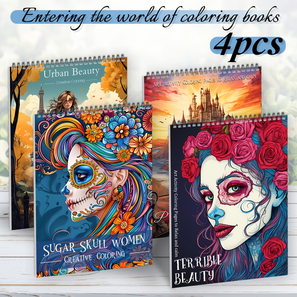 TEMU 4pcs Set Coloring Book Collection - Character Series Coloring Books, In Spiral-bound And - Bindings, Featuring Horror , Sugar Women, Princesses,