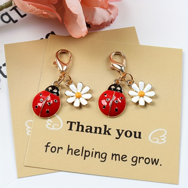 

Thank You Gift Keychain With Ladybug And Flower Charms - Personalized Paper Card For Teachers And Graduation - Seasonal Greeting For Christmas And Thanksgiving - Animal And Floral Theme