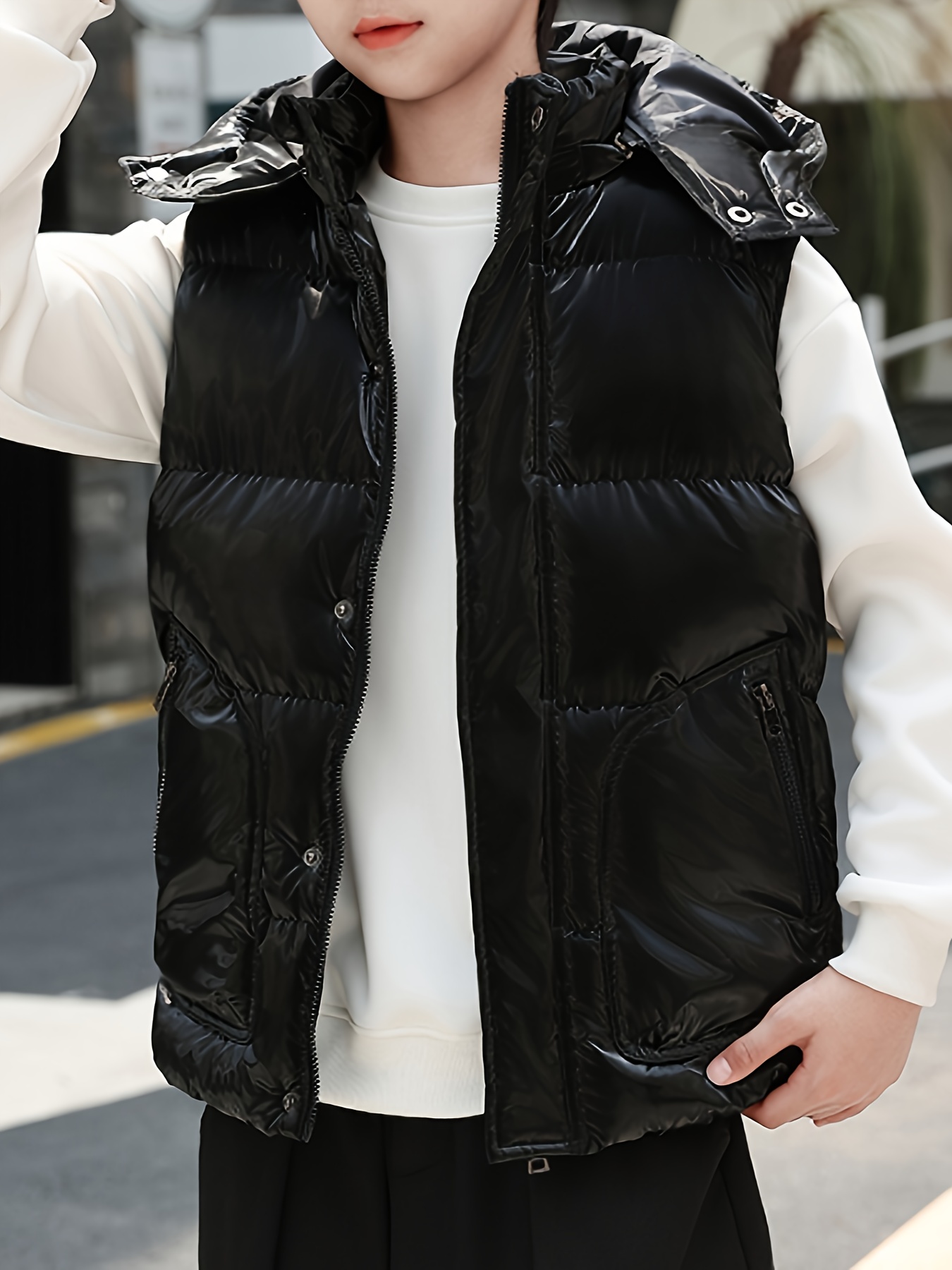 Boys' Work Vest with a Hooded Jacket for Autumn And Winter, Featuring a  Thick, Warm, And Removable Hooded Vest Easy to