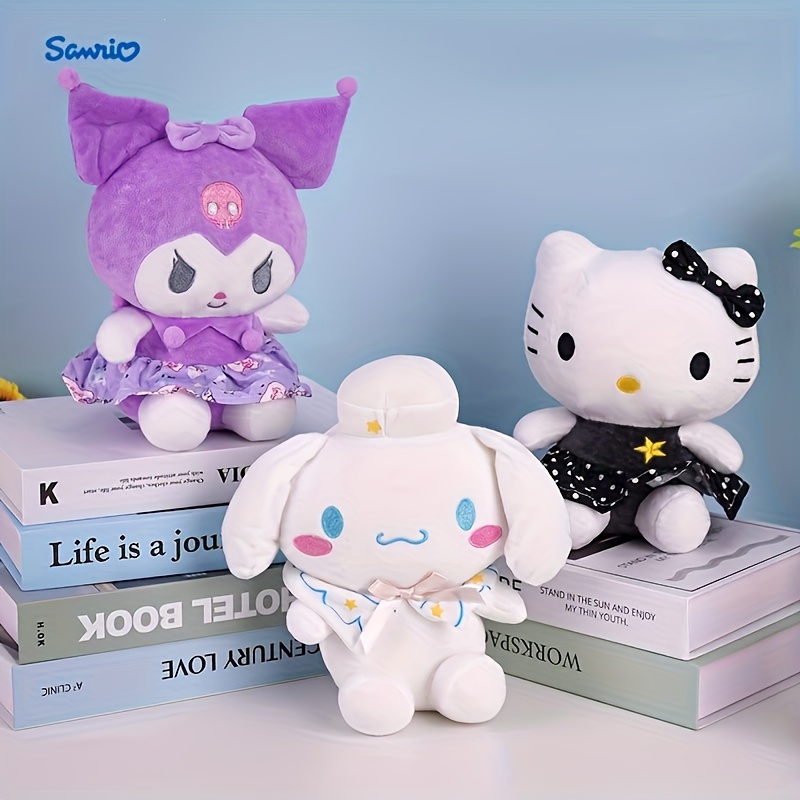 plush toy in pink with white bow soft, cuddly cartoon cat