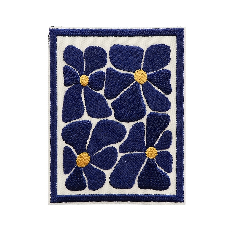 TEMU 1pc Artistic Plant Series Embroidery Patch, Rectangular Navy Blue Floral Decorative Applique For Hats And Clothes