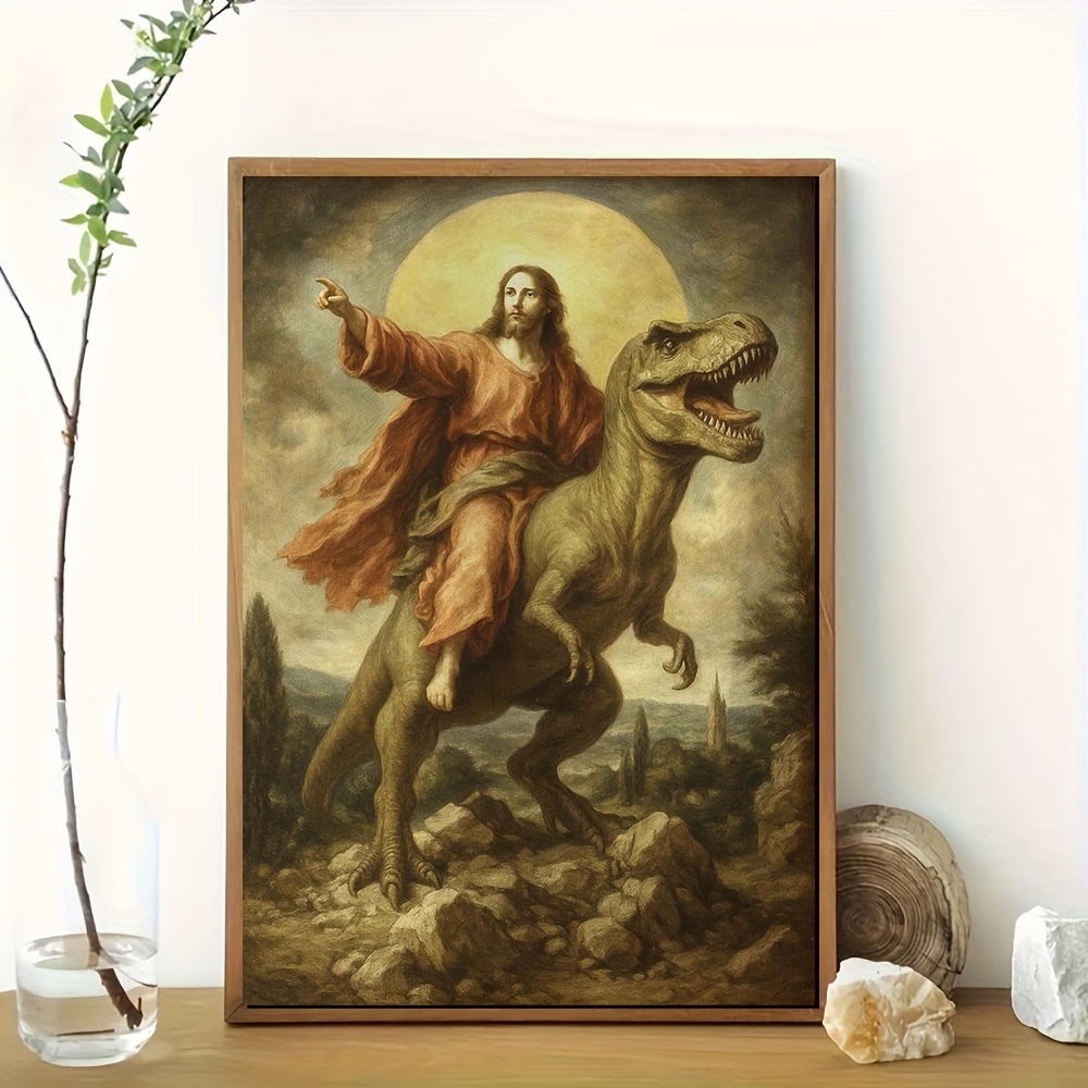 Image of 1pc Vintage Jesus Riding Dinosaur Canvas Wall Art - Humorous Religious Artwork, Unframed Poster For Bedroom, Living Decor, Dinosaur Room Decor,halloween Christmas Decor