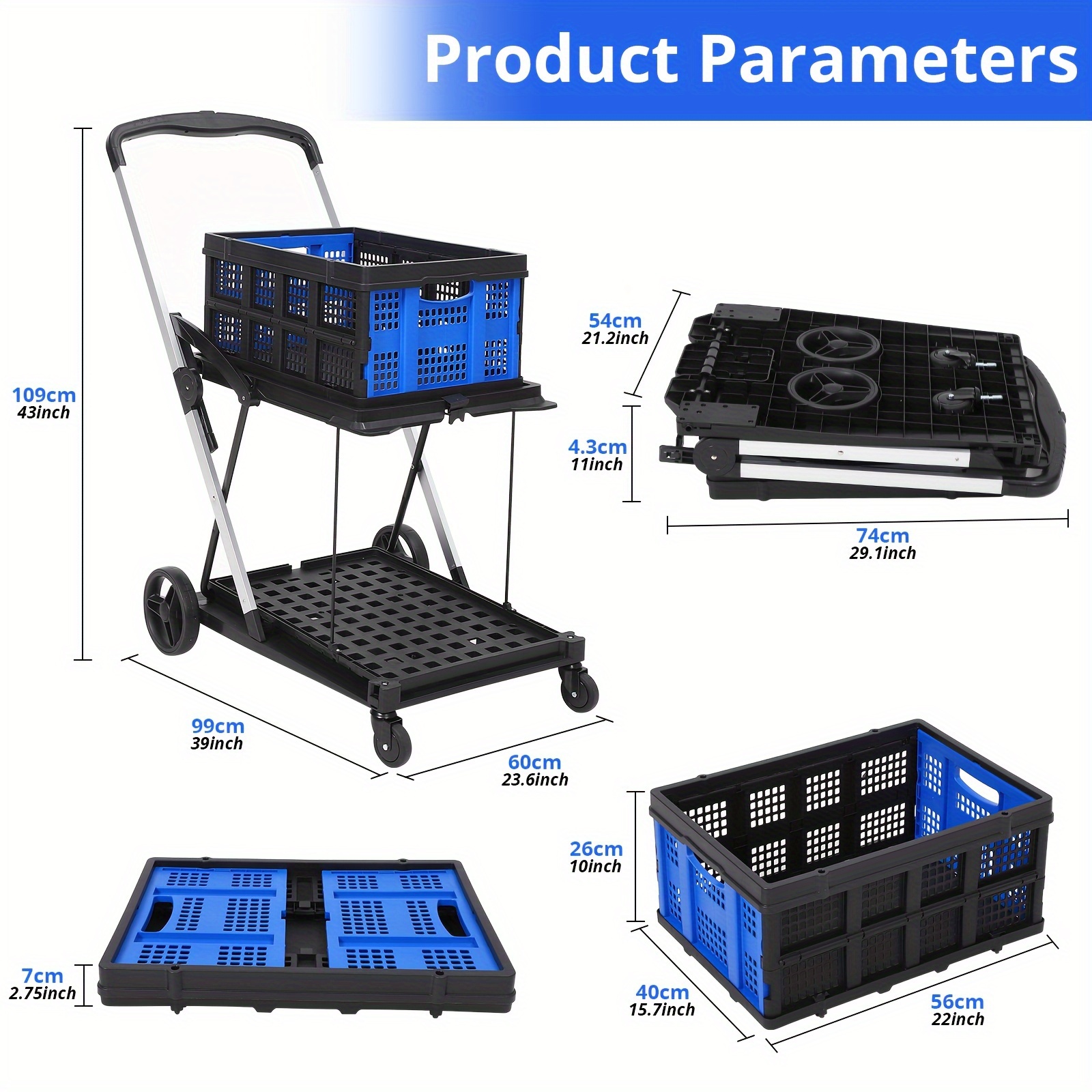 2-Tier Collapsible Utility Cart With Foot Brake - Foldable Shopping Cart With Basket, Blue