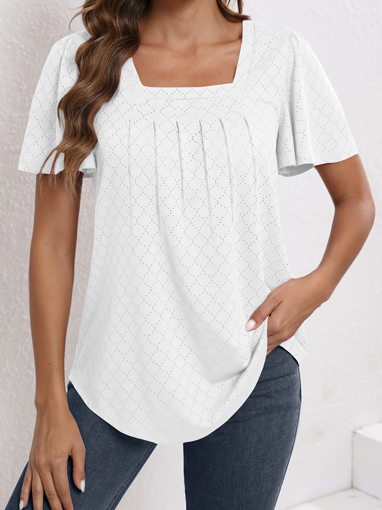Plus Size Women'S Square Neck Ruffle Sleeve Top - Breathable Eyelet Cut-Out Fabric, Unique Chest Pleat Design, Elegant Fashion for Spring Summer Fall, Formal & Casual Wear, Casual Wear Top | Pleated Detail Top | Stretchy Fabric Top, Ladies T Shirts