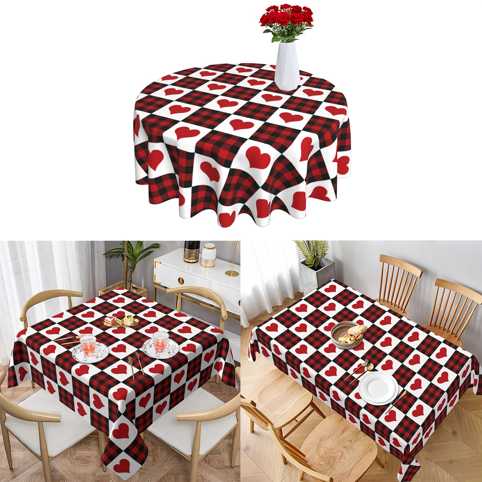 

1pc Romantic Red Heart Checkered Polyester Tablecloth, Machine-woven Washable Cover For Valentine's Day, Day, Kitchen, Dining, And Party Decorations - Round Table Cover