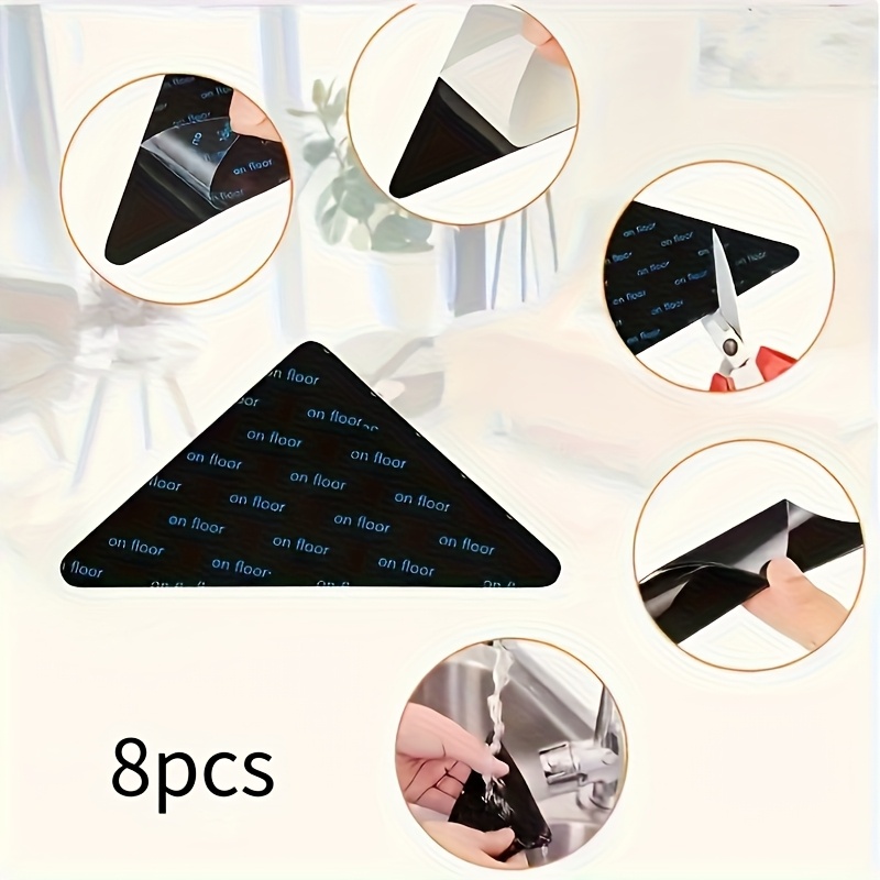 Image of 8pcs Rug Grippers, Non-slip Fixing Stickers, Non-slip Carpet Mat For Hardwood Floors, Tile Marble Floors, Double Sided Adhesive Carpet Clips Keep Corner Flat, Removable Carpet Tape For Area Rugs
