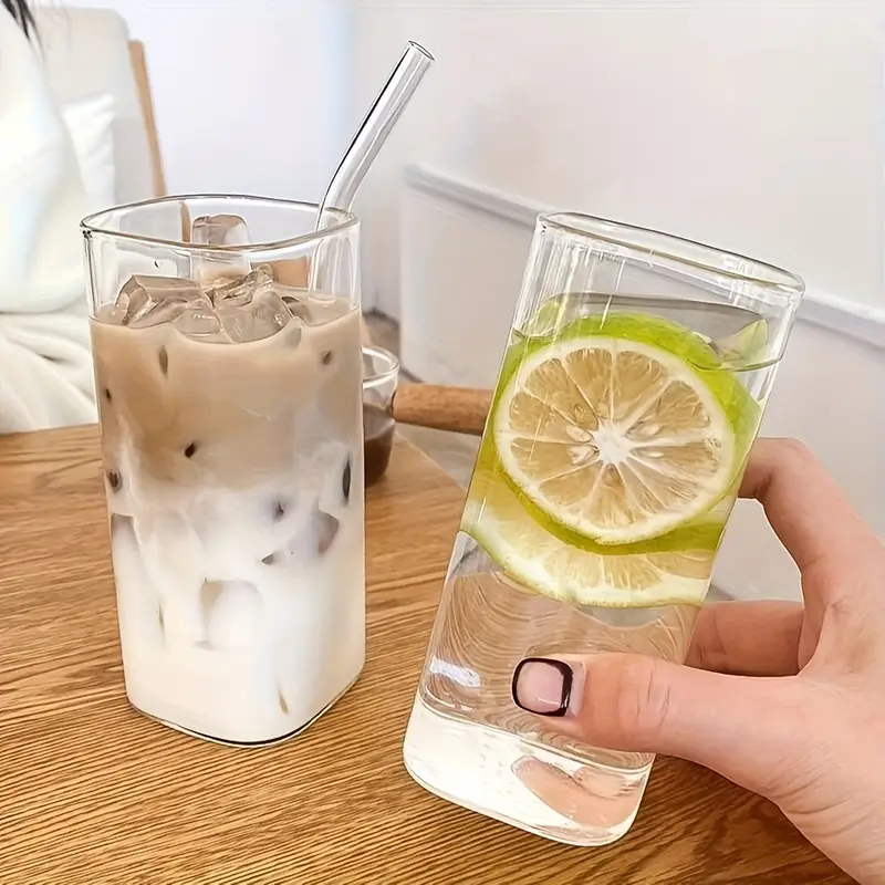2pcs square glass mug with lid, portable drinking mug, mug, glass lid/straw, gift for mug collectors, father s day mug, great for office, home, school and outdoor use!, best for christmas Product details 2