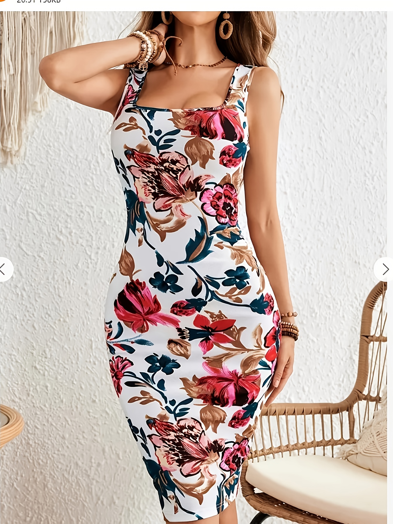 Women's Floral Print Bodycon Dress Square Neck Stretchy Midi Dress for  Spring/Summer, Machine Washable Elegant Party Casual Outfits, Cute Summer 
